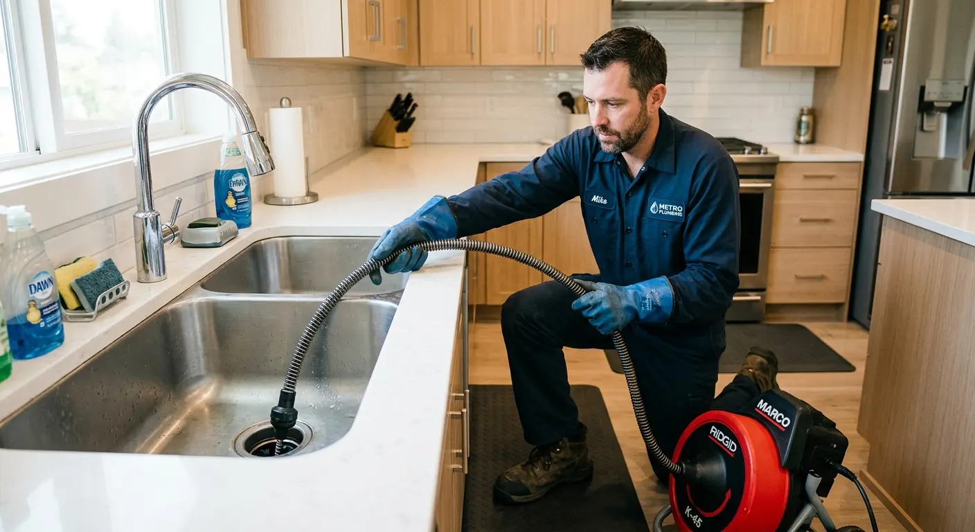 Drain cleaning technician using a motorized snake on a kitchen sink in East Providence