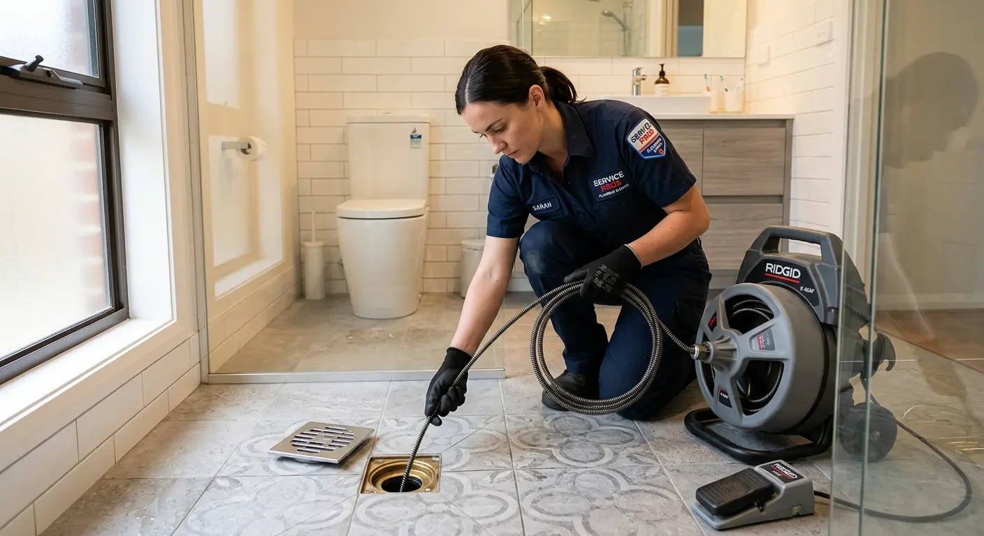 Technician clearing a bathroom floor drain for Hydro Jetting in East Providence